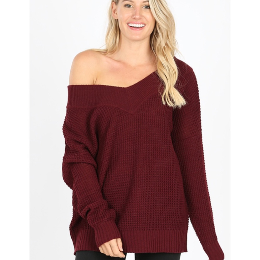 Dark Burgundy red Waffle knit off shoulder V neck long sleeve sweater S L XL